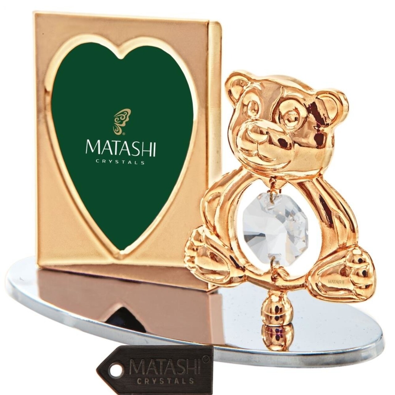24K Gold Plated Picture Frame Desk Set With Crystal Decorated Teddy Bear Figurine On A Silver Base By Matashi